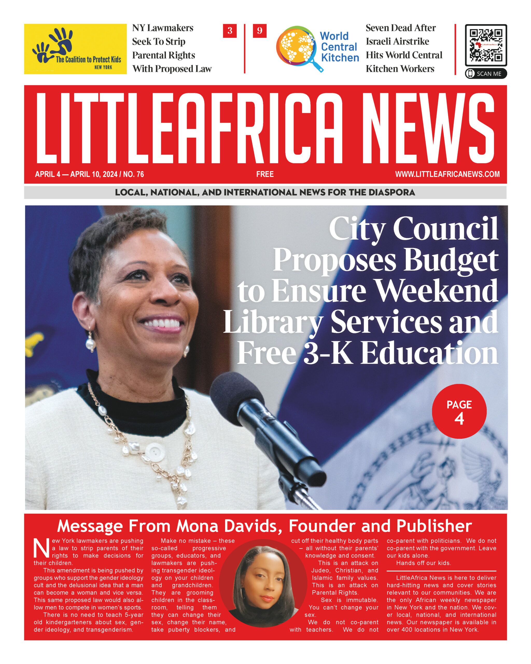 LittleAfrica News Newspaper Cover Page: April 4, 2024-Adrienne Adams